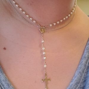 Gold plated and pearl rosary necklace